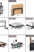 Black stainless steel over-the-sink dish drying rack with hooks and shelves