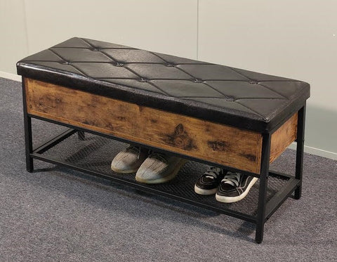 "Black faux leather padded entryway storage bench with metal frame and open shoe shelf"

