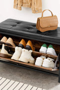 Padded shoe storage bench with 2 rows and cushion seat”

Side angle: “Black steel-framed shoe bench with rustic brown panels”

Open drawer view: “Entryway bench with pull-out drawer for storage”

Lifestyle shot: “Shoe bench placed in hallway entry with accessories”

Front view: “Upholstered shoe rack bench for hallway organization”