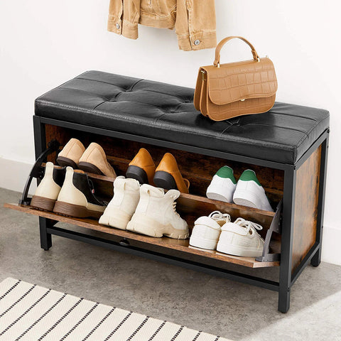 Padded shoe storage bench with 2 rows and cushion seat”

Side angle: “Black steel-framed shoe bench with rustic brown panels”

Open drawer view: “Entryway bench with pull-out drawer for storage”

Lifestyle shot: “Shoe bench placed in hallway entry with accessories”

Front view: “Upholstered shoe rack bench for hallway organization”