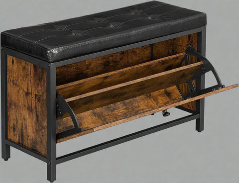 Padded shoe storage bench with 2 rows and cushion seat”

Side angle: “Black steel-framed shoe bench with rustic brown panels”

Open drawer view: “Entryway bench with pull-out drawer for storage”

Lifestyle shot: “Shoe bench placed in hallway entry with accessories”

Front view: “Upholstered shoe rack bench for hallway organization”
