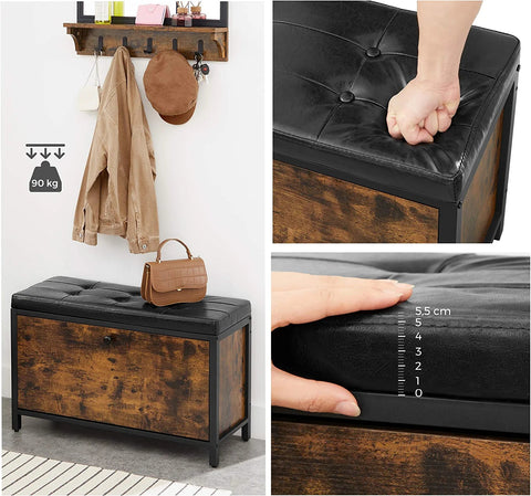 Padded shoe storage bench with 2 rows and cushion seat”

Side angle: “Black steel-framed shoe bench with rustic brown panels”

Open drawer view: “Entryway bench with pull-out drawer for storage”

Lifestyle shot: “Shoe bench placed in hallway entry with accessories”

Front view: “Upholstered shoe rack bench for hallway organization”