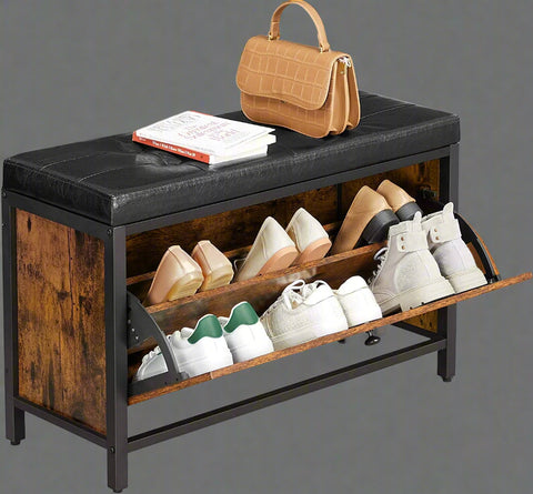 Padded shoe storage bench with 2 rows and cushion seat”

Side angle: “Black steel-framed shoe bench with rustic brown panels”

Open drawer view: “Entryway bench with pull-out drawer for storage”

Lifestyle shot: “Shoe bench placed in hallway entry with accessories”

Front view: “Upholstered shoe rack bench for hallway organization”
