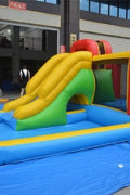 Inflatable blue and yellow water slide for kids outdoor play
16.4 ft commercial water slide with pool base and blower
Side view of party rental-grade inflatable water slide
Compact water slide setup for backyard or event rentals