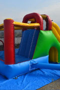 Inflatable blue and yellow water slide for kids outdoor play
16.4 ft commercial water slide with pool base and blower
Side view of party rental-grade inflatable water slide
Compact water slide setup for backyard or event rentals