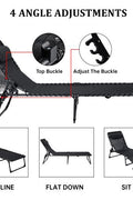 Black Adjustable Folding Patio Chaise Lounge Chair – Side View

Reclining Outdoor Lounge Chair Folded for Storage

Cushioned Folding Chaise Chair – Adjustable Backrest Positions

Patio Recliner in Outdoor Use Setting – Backyard or Poolside

Person Relaxing on Black Folding Patio Chaise Chair