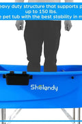 Golden retriever sitting in blue dog grooming tub
Foldable stainless steel leg wash station for dogs
Dog standing in grooming bathtub
Plastic tub with stainless legs folded for storage
Close-up view of tub interior and drainage area