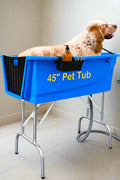 Golden retriever sitting in blue dog grooming tub
Foldable stainless steel leg wash station for dogs
Dog standing in grooming bathtub
Plastic tub with stainless legs folded for storage
Close-up view of tub interior and drainage area