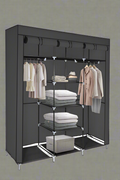 Portable Fabric Wardrobe Closet – Front View

Black 9-Shelf Fabric Closet Organizer – Assembled

Interior Layout Showing Hanging Rods and Shelves

Foldable Closet Organizer – Zipper Cover Open

Fabric Wardrobe in Bedroom Setting
