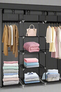 Portable Fabric Wardrobe Closet – Front View

Black 9-Shelf Fabric Closet Organizer – Assembled

Interior Layout Showing Hanging Rods and Shelves

Foldable Closet Organizer – Zipper Cover Open

Fabric Wardrobe in Bedroom Setting