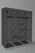 Portable Fabric Wardrobe Closet – Front View

Black 9-Shelf Fabric Closet Organizer – Assembled

Interior Layout Showing Hanging Rods and Shelves

Foldable Closet Organizer – Zipper Cover Open

Fabric Wardrobe in Bedroom Setting