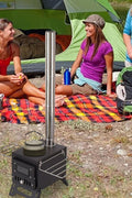 Portable wood burning stove for tent heating

Compact camp heater with chimney pipe

Foldable wood stove with cooking surface

Outdoor tent stove heating in camping setup

Stainless steel wood-burning camping heater