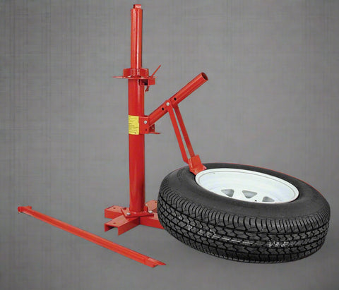 PowerLift manual tire changer with red base and tire mounting arm

portable tire changing tool for DIY and workshop use

manual tire demounting stand for small tires and rims