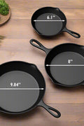 3-piece cast iron skillet set with 10-inch, 8-inch, and 6-inch pre-seasoned cookware for indoor and outdoor cooking
