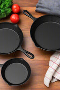 3-piece cast iron skillet set with 10-inch, 8-inch, and 6-inch pre-seasoned cookware for indoor and outdoor cooking