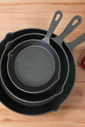 3-piece cast iron skillet set with 10-inch, 8-inch, and 6-inch pre-seasoned cookware for indoor and outdoor cooking
