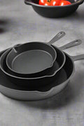 3-piece cast iron skillet set with 10-inch, 8-inch, and 6-inch pre-seasoned cookware for indoor and outdoor cooking