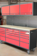 Red 17-drawer rolling tool chest with workbench top
Heavy-duty garage tool cabinet with rubberwood work surface
Industrial mobile workbench with 15 smooth-glide drawers
Garage storage cabinet with aluminum handles and locking system