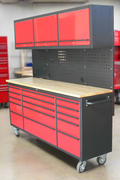 Red 17-drawer rolling tool chest with workbench top
Heavy-duty garage tool cabinet with rubberwood work surface
Industrial mobile workbench with 15 smooth-glide drawers
Garage storage cabinet with aluminum handles and locking system