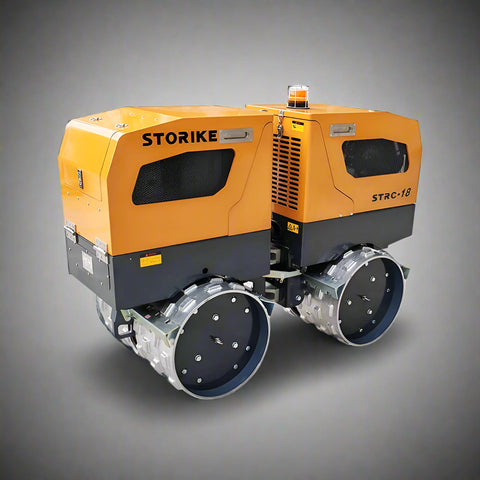 Front View of STORIKE 1114418 Remote-Controlled Trench Roller

Remote Control Device for Trench Roller Compactor

Side View of Heavy-Duty Soil Compactor Roller

STORIKE Trench Roller in Industrial Setting

Rear Angle of Remote-Controlled Soil Compactor
