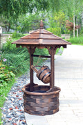 wooden garden water fountain with rustic barrel design

round outdoor fountain made of solid fir wood

vintage patio water feature with continuous water flow

backyard decor fountain with soothing water sound

rustic outdoor wooden barrel fountain placed in garden