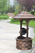 wooden garden water fountain with rustic barrel design

round outdoor fountain made of solid fir wood

vintage patio water feature with continuous water flow

backyard decor fountain with soothing water sound

rustic outdoor wooden barrel fountain placed in garden