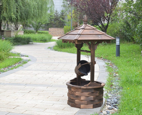 wooden garden water fountain with rustic barrel design

round outdoor fountain made of solid fir wood

vintage patio water feature with continuous water flow

backyard decor fountain with soothing water sound

rustic outdoor wooden barrel fountain placed in garden