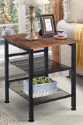 Rustic end tables in a cozy living room setting with sofa and lamp

Side View: Square wood top table with black mesh shelf

Angled View: Rustic wood and black metal table with adjustable shelf

Front View: Front profile of industrial end table with wood top and mesh shelf

Top View: Close-up of wood grain tabletop with rounded edges
