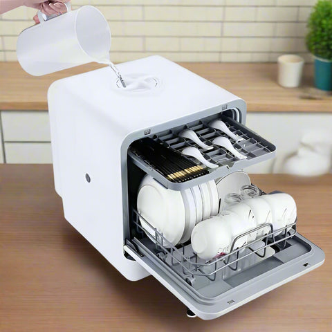 Portable countertop dishwasher for RV and cabin with dual spray arms and high-temperature drying