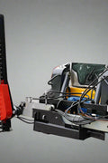 Skid Steer with Red Hydraulic Sickle Bar Hedge Trimmer (Model SHC1680)

Attachment View: Close-up of sickle blade trimming mechanism

Side Profile: Brush cutter attached to loader, angled for hedge cutting