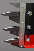 Skid Steer with Red Hydraulic Sickle Bar Hedge Trimmer (Model SHC1680)

Attachment View: Close-up of sickle blade trimming mechanism

Side Profile: Brush cutter attached to loader, angled for hedge cutting