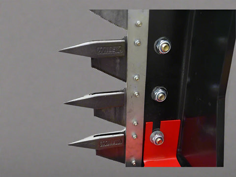 Skid Steer with Red Hydraulic Sickle Bar Hedge Trimmer (Model SHC1680)

Attachment View: Close-up of sickle blade trimming mechanism

Side Profile: Brush cutter attached to loader, angled for hedge cutting