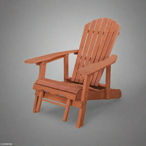 "Solid wood Adirondack chair with pull-out ottoman on patio"

"Medium brown reclining garden chair with adjustable backrest"

"Outdoor wooden lounge chair with ergonomic design"