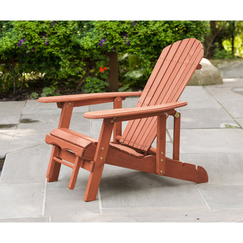 "Solid wood Adirondack chair with pull-out ottoman on patio"

"Medium brown reclining garden chair with adjustable backrest"

"Outdoor wooden lounge chair with ergonomic design"