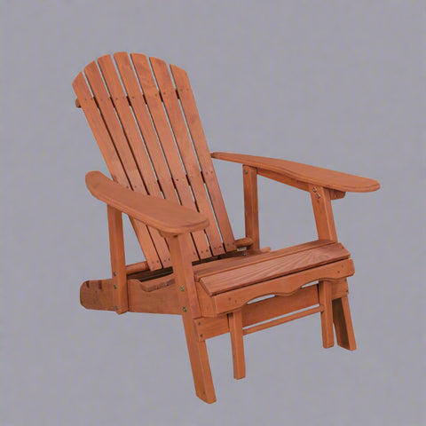 "Solid wood Adirondack chair with pull-out ottoman on patio"

"Medium brown reclining garden chair with adjustable backrest"

"Outdoor wooden lounge chair with ergonomic design"