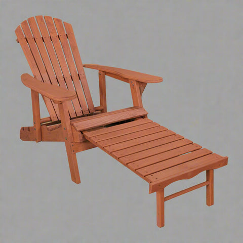 "Solid wood Adirondack chair with pull-out ottoman on patio"

"Medium brown reclining garden chair with adjustable backrest"

"Outdoor wooden lounge chair with ergonomic design"
