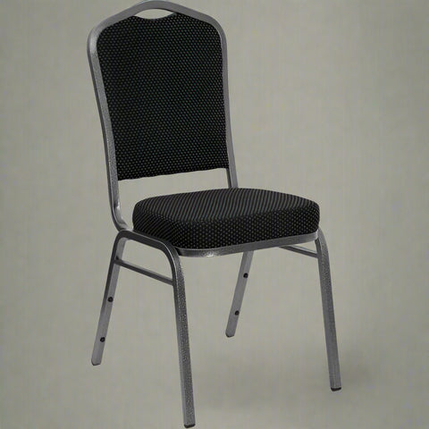 Stackable Banquet Chair – Black Dot Upholstery – Angled Front

Banquet Chairs in Row – Side View

Black Event Chairs in Use at Corporate Event

Commercial Banquet Seating – Stackable Design