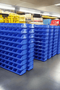 Industrial parts and hardware organizer bins in warehouse setting