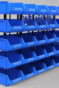 Heavy-duty blue stackable plastic storage bins for parts and bolts