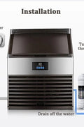Front view of stainless steel commercial ice cube maker

Side angle of industrial ice machine showing vent

Close-up of ice bin with scoop

Display panel of commercial ice maker with 352 lb capacity

Stainless steel industrial ice maker in restaurant kitchen setting