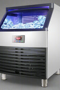 Front view of stainless steel commercial ice cube maker

Side angle of industrial ice machine showing vent

Close-up of ice bin with scoop

Display panel of commercial ice maker with 352 lb capacity

Stainless steel industrial ice maker in restaurant kitchen setting
