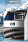 Front view of stainless steel commercial ice cube maker

Side angle of industrial ice machine showing vent

Close-up of ice bin with scoop

Display panel of commercial ice maker with 352 lb capacity

Stainless steel industrial ice maker in restaurant kitchen setting
