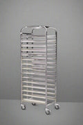 16-layer stainless steel pan rack with wheels

Commercial bakery tray cart side view

Mobile bakery storage cart with tray slots

Stainless steel tray rack for kitchen or bakery

Heavy-duty commercial food rack with lockable wheels