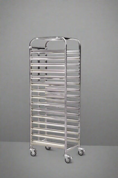 16-layer stainless steel pan rack with wheels

Commercial bakery tray cart side view

Mobile bakery storage cart with tray slots

Stainless steel tray rack for kitchen or bakery

Heavy-duty commercial food rack with lockable wheels