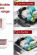 Compact stainless steel dish rack with white bowls and plates

Close-up of drainboard draining water into sink

Side view of dish rack showing utensil holder

All parts of dish rack laid out for assembly

Stainless steel rack in modern kitchen setting