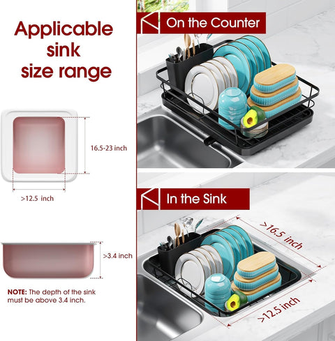 Compact stainless steel dish rack with white bowls and plates

Close-up of drainboard draining water into sink

Side view of dish rack showing utensil holder

All parts of dish rack laid out for assembly

Stainless steel rack in modern kitchen setting