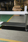 Stainless steel rolling work table with locking wheels – front view

48-inch stainless steel prep station with under-shelf and casters

72-inch commercial kitchen table with wheels – side angle

Mobile food service prep table with heavy-duty design

Industrial stainless table in warehouse environment