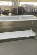 Stainless steel rolling work table with locking wheels – front view

48-inch stainless steel prep station with under-shelf and casters

72-inch commercial kitchen table with wheels – side angle

Mobile food service prep table with heavy-duty design

Industrial stainless table in warehouse environment