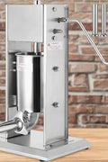 Stainless steel sausage stuffer 3L vertical – front view
Full set with 4 stuffing tubes – commercial sausage maker
Stuffer with removable cylinder and mountable base
Tilt-back vertical stuffer with food-safe piston
Homemade sausage in tray next to vertical stuffer