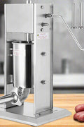 Stainless steel sausage stuffer 3L vertical – front view
Full set with 4 stuffing tubes – commercial sausage maker
Stuffer with removable cylinder and mountable base
Tilt-back vertical stuffer with food-safe piston
Homemade sausage in tray next to vertical stuffer